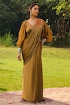 Buy_Ajiesh Oberoi_Gold Organza V Neck Ayesha Pre-draped Saree With Blouse _at_Aza_Fashions