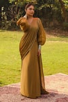 Shop_Ajiesh Oberoi_Gold Organza V Neck Ayesha Pre-draped Saree With Blouse 