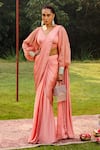 Buy_Ajiesh Oberoi_Peach Organza V Neck Ayesha Embellished Pre-draped Saree With Blouse _at_Aza_Fashions