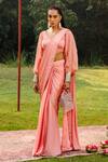 Ajiesh Oberoi_Peach Organza V Neck Ayesha Embellished Pre-draped Saree With Blouse _Online_at_Aza_Fashions