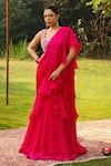 Buy_Ajiesh Oberoi_Pink Organza Embroidered Crystal Sitara Frilled Pre-draped Saree With Blouse _at_Aza_Fashions