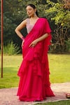 Ajiesh Oberoi_Pink Organza Embroidered Crystal Sitara Frilled Pre-draped Saree With Blouse _at_Aza_Fashions