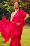 Buy_Ajiesh Oberoi_Pink Organza Embroidered Crystal Sitara Frilled Pre-draped Saree With Blouse 