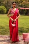 Buy_Ajiesh Oberoi_Pink Chiffon Embroidered Floral V Neck Piyari Pre-draped Saree With Blouse _at_Aza_Fashions