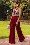 Buy_Ajiesh Oberoi_Wine Organza Embroidered Floral V Neck Ena Jumpsuit _at_Aza_Fashions