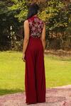 Shop_Ajiesh Oberoi_Wine Organza Embroidered Floral V Neck Ena Jumpsuit _at_Aza_Fashions