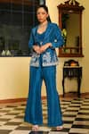 Buy_Ajiesh Oberoi_Blue Upada Silk Embroidered Crystal Lapel Vaani Deer Motif Jacket Pant Set _at_Aza_Fashions