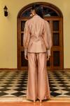 Shop_Ajiesh Oberoi_Beige Organza Embroidered Sequin Pointed Lapel Sleeve Jacket Pant Set _at_Aza_Fashions