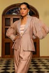 Buy_Ajiesh Oberoi_Beige Organza Embroidered Sequin Pointed Lapel Sleeve Jacket Pant Set 