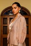 Shop_Ajiesh Oberoi_Beige Organza Embroidered Sequin Pointed Lapel Sleeve Jacket Pant Set 