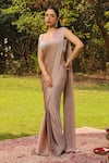 Buy_Ajiesh Oberoi_Beige Organza Embroidered Khwaish Embellished Pre-draped Saree With Blouse _at_Aza_Fashions