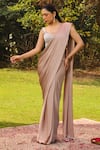 Ajiesh Oberoi_Beige Organza Embroidered Khwaish Embellished Pre-draped Saree With Blouse _Online_at_Aza_Fashions