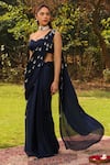 Buy_Ajiesh Oberoi_Blue Chiffon Embroidered Bead Mishri Tasseled Pre-draped Saree With Blouse _at_Aza_Fashions