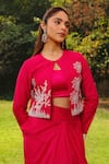 Shop_Ajiesh Oberoi_Pink Upada Silk Embroidered Deer Motif Round Ghazal Jacket Draped Skirt Set _at_Aza_Fashions