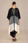Buy_Ampm_Black Silk Buckles Round Neck Riha Stripe Detailed Cape With Dress _at_Aza_Fashions