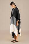 Shop_Ampm_Black Silk Buckles Round Neck Riha Stripe Detailed Cape With Dress _at_Aza_Fashions