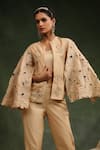 Charu Makkar_Beige Silk Chanderi Embroidered Sequin Sweetheart Bond Girl Jacket Pant Set _at_Aza_Fashions