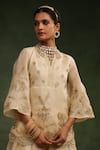 Charu Makkar_Beige Satin Organza Embroidered Sequin Notched Sugar Plum Kurta Sharara Set _at_Aza_Fashions