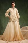 Buy_Charu Makkar_Beige Satin Organza Embroidered Sequin Notched Sugar Plum Kurta Sharara Set _at_Aza_Fashions