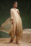 Shop_Charu Makkar_Beige Kurta And Pant Italian Silk Organza Embroidered Sequin Notched Poncy Set _Online_at_Aza_Fashions