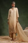 Buy_Charu Makkar_Beige Kurta And Pant Italian Silk Organza Embroidered Sequin Notched Poncy Set 