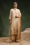 Buy_Charu Makkar_Beige Kurta And Pant Italian Silk Organza Embroidered Sequin Notched Poncy Set _at_Aza_Fashions