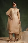 Buy_Charu Makkar_Beige Kurta And Pant Italian Silk Organza Embroidered Sequin V-neck Mocha Set _at_Aza_Fashions