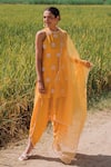 Buy_Mona and Vishu_Yellow Kurta And Tulip Pant Dupion Silk Hand Embroidered Pearl Floral Set _at_Aza_Fashions