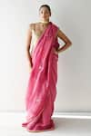 Buy_Shorshe Clothing_Pink Handwoven Chanderi Silk And Tissue Stripes Embroidery Sati & Saree _at_Aza_Fashions