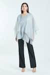 Amit Aggarwal_Grey Organza Striper Embossed Wavy V Neck Overlapped Pattern Kimono Top _Online_at_Aza_Fashions