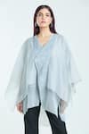 Buy_Amit Aggarwal_Grey Organza Striper Embossed Wavy V Neck Overlapped Pattern Kimono Top _Online_at_Aza_Fashions