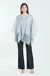 Amit Aggarwal_Grey Organza Striper Embossed Wavy V Neck Overlapped Pattern Kimono Top _at_Aza_Fashions