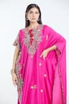 Anamika Khanna_Fuchsia Silk Embroidered Paisley Round Kaftan And Draped Skirt Set _at_Aza_Fashions