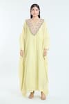 Anamika Khanna_Yellow Silk Embellished Floral Kaftan V Neck Embroidered Yoke _Online_at_Aza_Fashions