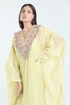 Buy_Anamika Khanna_Yellow Silk Embellished Floral Kaftan V Neck Embroidered Yoke _Online_at_Aza_Fashions