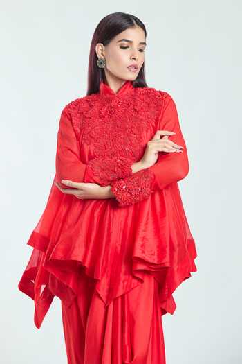 Anamika Khanna_Red Silk Embroidery Mandarin Collar, High 3d Floral Trapeze Tunic Skirt Set _Online_at_Aza_Fashions