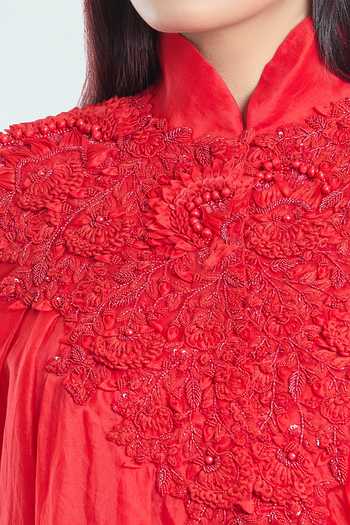 Buy_Anamika Khanna_Red Silk Embroidery Mandarin Collar, High 3d Floral Trapeze Tunic Skirt Set _Online_at_Aza_Fashions