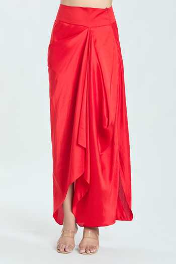 Shop_Anamika Khanna_Red Silk Embroidery Mandarin Collar, High 3d Floral Trapeze Tunic Skirt Set _Online_at_Aza_Fashions