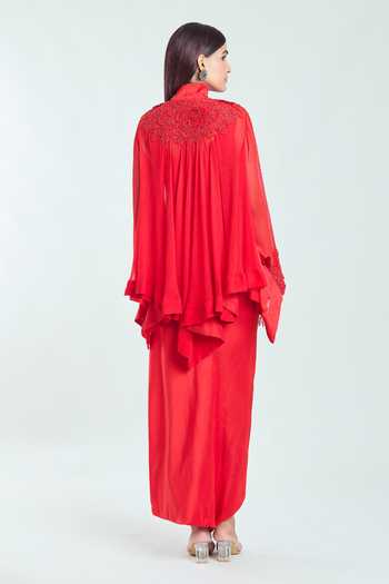 Shop_Anamika Khanna_Red Silk Embroidery Mandarin Collar, High 3d Floral Trapeze Tunic Skirt Set _at_Aza_Fashions
