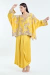 Anamika Khanna_Yellow Embroidered Floral Cutwork V Boxy Tunic Skirt Set _Online_at_Aza_Fashions