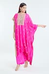 Buy_Anamika Khanna_Fuchsia Silk Embroidered Floral Round Kaftan And Draped Skirt Set _Online_at_Aza_Fashions