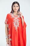 Buy_Anamika Khanna_Red Silk Embroidered Floral Round Kaftan And Draped Skirt Set _Online_at_Aza_Fashions