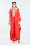 Shop_Anamika Khanna_Red Silk Embroidered Floral Round Kaftan And Draped Skirt Set _Online_at_Aza_Fashions