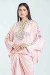 Buy_Anamika Khanna_Pink Embroidered Floral Notched Kaftan Top And Draped Skirt Set _Online_at_Aza_Fashions