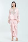 Anamika Khanna_Pink Embroidered Floral Notched Kaftan Top And Draped Skirt Set _at_Aza_Fashions