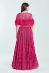 Shop_Ridhi Mehra_Fuchsia Net Embroidered Aari Blouse Scoop Lehenga Set With Feather Cape _at_Aza_Fashions