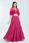 Buy_Ridhi Mehra_Fuchsia Net Embroidered Aari Blouse Scoop Lehenga Set With Feather Cape _Online_at_Aza_Fashions