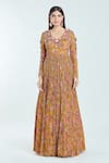 Ridhima Bhasin_Yellow Chiffon Printed Floral V Neck And Embellished Anarkali With Dupatta _at_Aza_Fashions