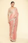 Shop_Samyukta Singhania_Peach Saree Crepe Satin Silk Embroidery Floral Leaf Thread Blouse With _at_Aza_Fashions