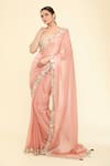 Samyukta Singhania_Peach Saree Crepe Satin Silk Embroidery Floral Leaf Thread Blouse With _Online_at_Aza_Fashions